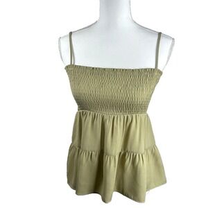 Y2K Smocked Top Cami Tiered Tank Babydoll Fairy Cottage Sz M Olive Green